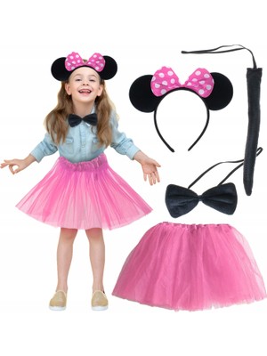 Ulugo Minnie Kostüm Seti (Pembe Tütü Etek + Pembe Taç + Papyon + Kuyruk) (5224)