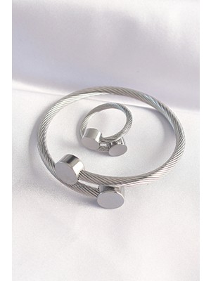 Ulugo 316L Çelik Gümüş Renk Oval Aksesuarlı Burgu Model Bileklik ve Yüzük Kombini - Lisinya