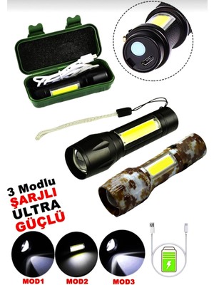 Ulugo USB Charge 2İN13W+1W USB Şarjlı Ledli Polis El Feneri Metal Kasa Pls.kutu (5224)