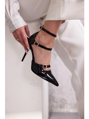 Ayakkabı Prensi Ava Üç Bantlı Siyah Rugan Siyah 10 cm Stiletto, Topuklu Ayakkabı Kadın