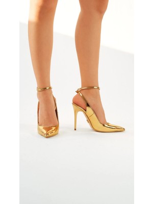 Ayakkabı Prensi Gina Bilekten Bantlı Gold 10 cm Stiletto, Topuklu Ayakkabı Kadın