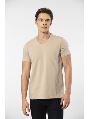 Cacharel Erkek V Yaka Likralı T-Shirt 1332/BEJ