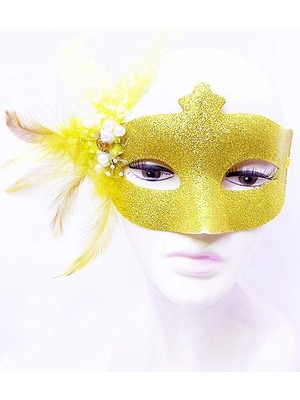 Mey İthalat Mey Ithalat® Sim Işlemeli Inci Boncuk Detaylı Tüylü Balo Maskesi Altın Renk 13X18 cm