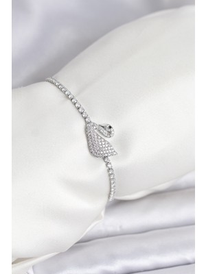 Ulugo Kuğu Model Zirkon Taşlı Gümüş Renk Asansörlü Su Yolu Bileklik - Lisinya