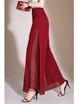 Hazel Kadın Kırmızı Yüksek Bel Yırtmaçlı Çift Katmanlı Şifon Pantolon