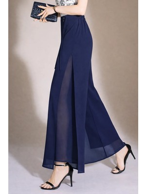 Hazel Kadın Lacivert Yüksek Bel Yırtmaçlı Çift Katmanlı Şifon Pantolon