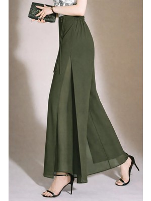 Hazel Kadın Haki Yüksek Bel Yırtmaçlı Çift Katmanlı Şifon Pantolon