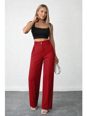 Hazel Kadın Kırmızı Arkası Lastikli Pilesiz Palazzo Pantolon