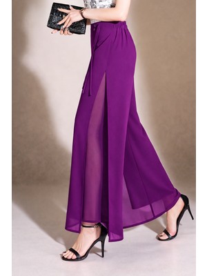 Hazel Kadın Mürdüm Yüksek Bel Yırtmaçlı Çift Katmanlı Şifon Pantolon