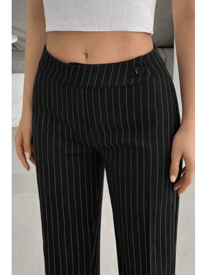 Hazel Kadın Siyah Arkası Lastikli Çizgili Palazzo Pantolon