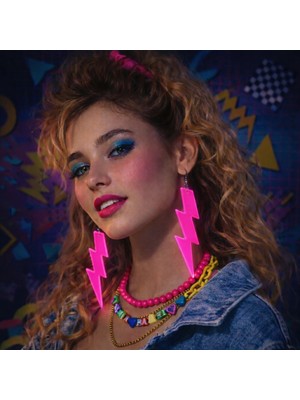 Senka Mey Ithalat® 80’ler 90&amp;#39;lar Retro Neon Pembe Şimşek Küpe 10 cm