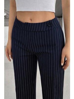 Hazel Kadın Lacivert Arkası Lastikli Çizgili Palazzo Pantolon