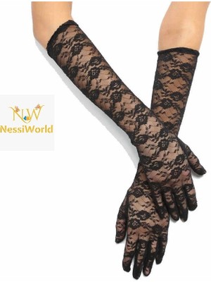 Senka Mey Ithalat® Siyah Renk Orta Boy Dantelli Eldiven Uzun Model