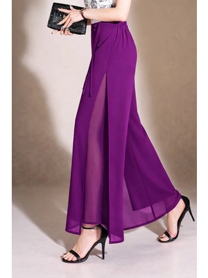 Hazel Kadın Mürdüm Yüksek Bel Yırtmaçlı Çift Katmanlı Şifon Pantolon