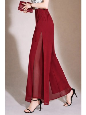 Hazel Kadın Kırmızı Yüksek Bel Yırtmaçlı Çift Katmanlı Şifon Pantolon