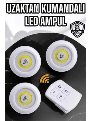 Senka Mey Ithalat® Spot Lamba LED Işık 3'lü Uzaktan Kumandalı Pilli Yapışkanlı Kablosuz
