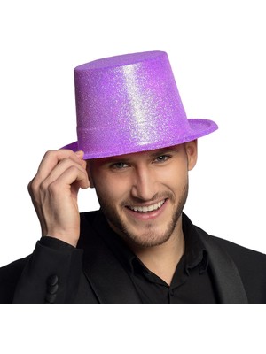 Senka Mey Ithalat® Floresan Mor Renk Simli Uzun Fötr Melon Şapka 12 cm