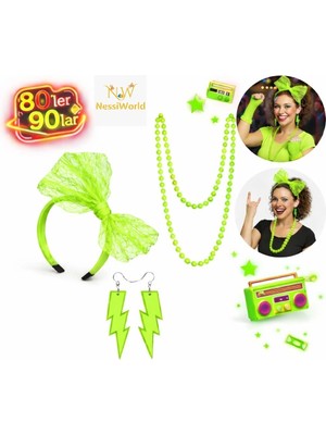 Senka Mey Ithalat® 80’ler 90’lar Neon Yeşil Parti Seti – Kolye Küpe Taç