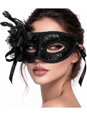 Senka Mey Ithalat® Siyah Venedik Parti Maskesi – Çiçekli Tüylü Payetli