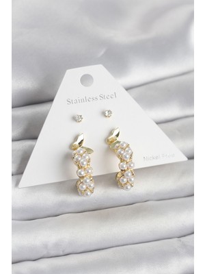 Ulugo Pirinç Gold Renk Kelebek Detaylı Kadın Küpe Seti - Lisinya