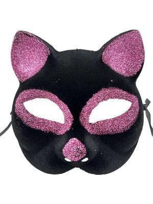 Senka Mey Ithalat® Siyah Renk Pembe Simli Süet Kedi Maskesi 18X14 cm