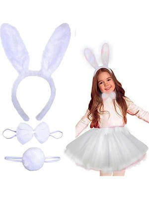 Senka Mey Ithalat® Tavşan Tacı Eteği Papyonu ve Kuyruk Kostüm Seti Beyaz Renk Çocuk Boy