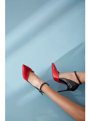 Ayakkabı Prensi Bernice Bilekten Bantlı Siyah Kirmizi 10 cm Stiletto, Topuklu Ayakkabı Kadın