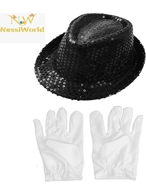 Senka Mey Ithalat® Siyah Renk Payetli Çocuk Şapkası ve Beyaz Renk Çocuk Eldiveni