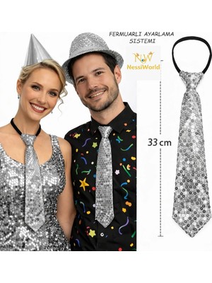 Senka Mey Ithalat® Gümüş Renk Pul Payetli Işıltılı Parti Kravatı 33 cm
