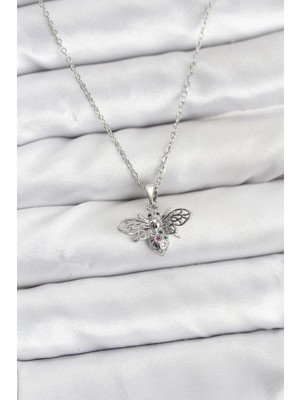 Mey İthalat Mey Ithalat® 316L Çelik Zincir Gümüş Renk Sinek Model Zirkon Taşlı Kadın Kolye