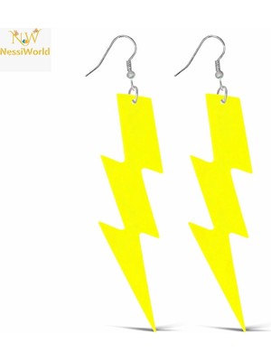 Belle Fusion Mey Ithalat® 80’ler 90&amp;#39;lar Retro Neon Sarı Şimşek Küpe 10 cm