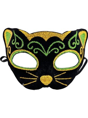 Senka Mey Ithalat® Siyah Kadife Kaplama Üzeri Sarı Yeşil Sim Işlemeli Kedi Maskesi 20X13 cm