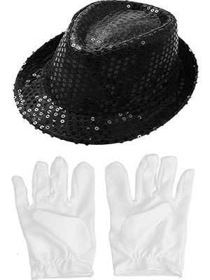 Senka Mey Ithalat® Siyah Renk Payetli Çocuk Şapkası ve Beyaz Renk Çocuk Eldiveni