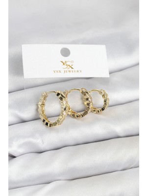 Mey İthalat Mey Ithalat® Pirinç Gold Renk Zirkon Taşlı Petek Halka Model Ysx Trio Küpe Seti