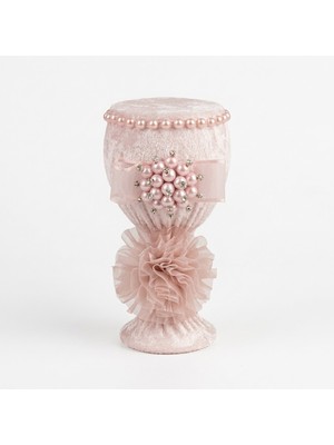 Ceyyiz Pudra Pembe Kadeh Tasarım Kadife Iğnedanlık - Incili ve Kristal Broşlu Lüks Dikiş Iğnesi Yastığı - Çeyizlik Özel Tasarım Iğnelik