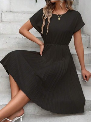 Runique Home Runiquehome Kadın Kısa Kollu Yakası Açık Belden Lastikli Pileli Kısa Ithal Krep Elbise