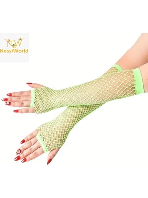 Belle Fusion Mey Ithalat® 80’ler 90’lar Retro Neon Yeşil File Parmaksız Eldiven 26 cm