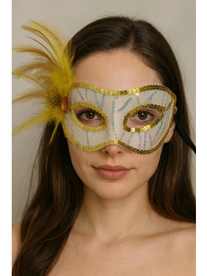 Senka Mey Ithalat® Altın Renk Yandan Tüylü Pul Payet Işlemeli Parti Maskesi 23X12 cm