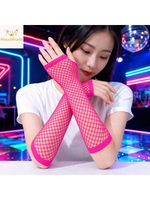 Senka Mey Ithalat® 80’ler 90’lar Retro Neon Fuşya Şeker Pembesi File Parmaksız Eldiven 26 cm