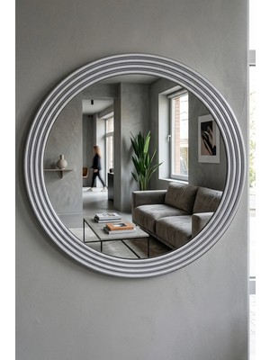 Montesev Zümrüt Gümüş Dekoratif Ayna Yuvarlak Ayna Işlemeli Ahşap Duvar Aynası Tekli - 43 Cm