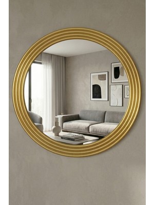 Montesev Zümrüt Gold Dekoratif Ayna Yuvarlak Ayna Işlemeli Ahşap Duvar Aynası Tekli - 43 cm