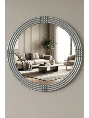 Montesev Safir Gümüş Dekoratif Ayna Yuvarlak Ayna Işlemeli Ahşap Duvar Aynası Tekli - 43 cm