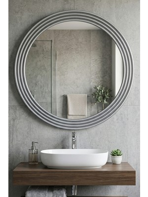 Montesev Zümrüt Ahşap Gümüş Dekoratif Ayna Yuvarlak Ayna Işlemeli Ahşap Banyo Aynası Duvar Aynası Tekli