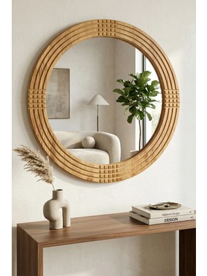 Safir Ahşap Dekoratif Ayna Yuvarlak Ayna Işlemeli Ahşap Duvar Aynası