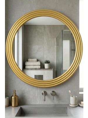 Montesev Zümrüt Gold Dekoratif Ayna Yuvarlak Ayna Işlemeli Ahşap Banyo Aynası Duvar Aynası Tekli
