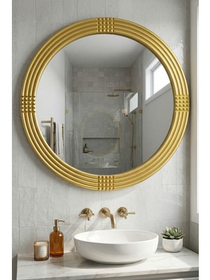 Montesev Safir Gold Dekoratif Ayna Yuvarlak Ayna Işlemeli Ahşap Duvar Aynası Banyo Aynası Tekli