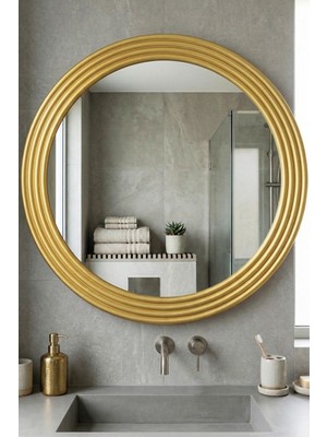 Montesev Zümrüt Gold Dekoratif Ayna Yuvarlak Ayna Işlemeli Ahşap Banyo Aynası Duvar Aynası Tekli