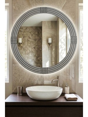 Montesev Led'li Işıklı Safir Ahşap Gümüş Dekoratif Ayna Yuvarlak Ayna Işlemeli Ahşap Banyo Aynası Duvar Aynası Tekli