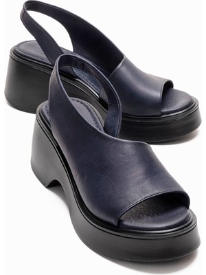 Luvi Roy Lacivert Cilt Hakiki Deri Kadın Dolgu Topuklu Sandalet