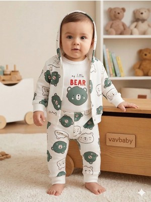 Vavbaby Ayıcık Desenli 3’lü Bebek Takımı - Kapüşonlu Hırka, Zıbın Body ve Alt Pijama Seti Yeşil